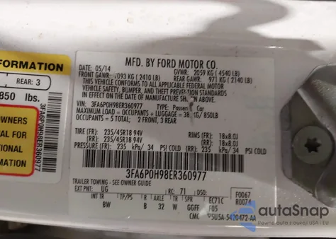 2014 Ford Fusion Se z USA, uszkodzony, nr VIN 3FA6P0H98ER360977